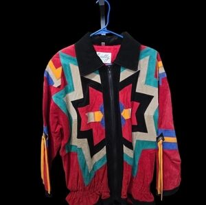 90's Deadstock Scully tribal print  Red Geometric Suede Jacket